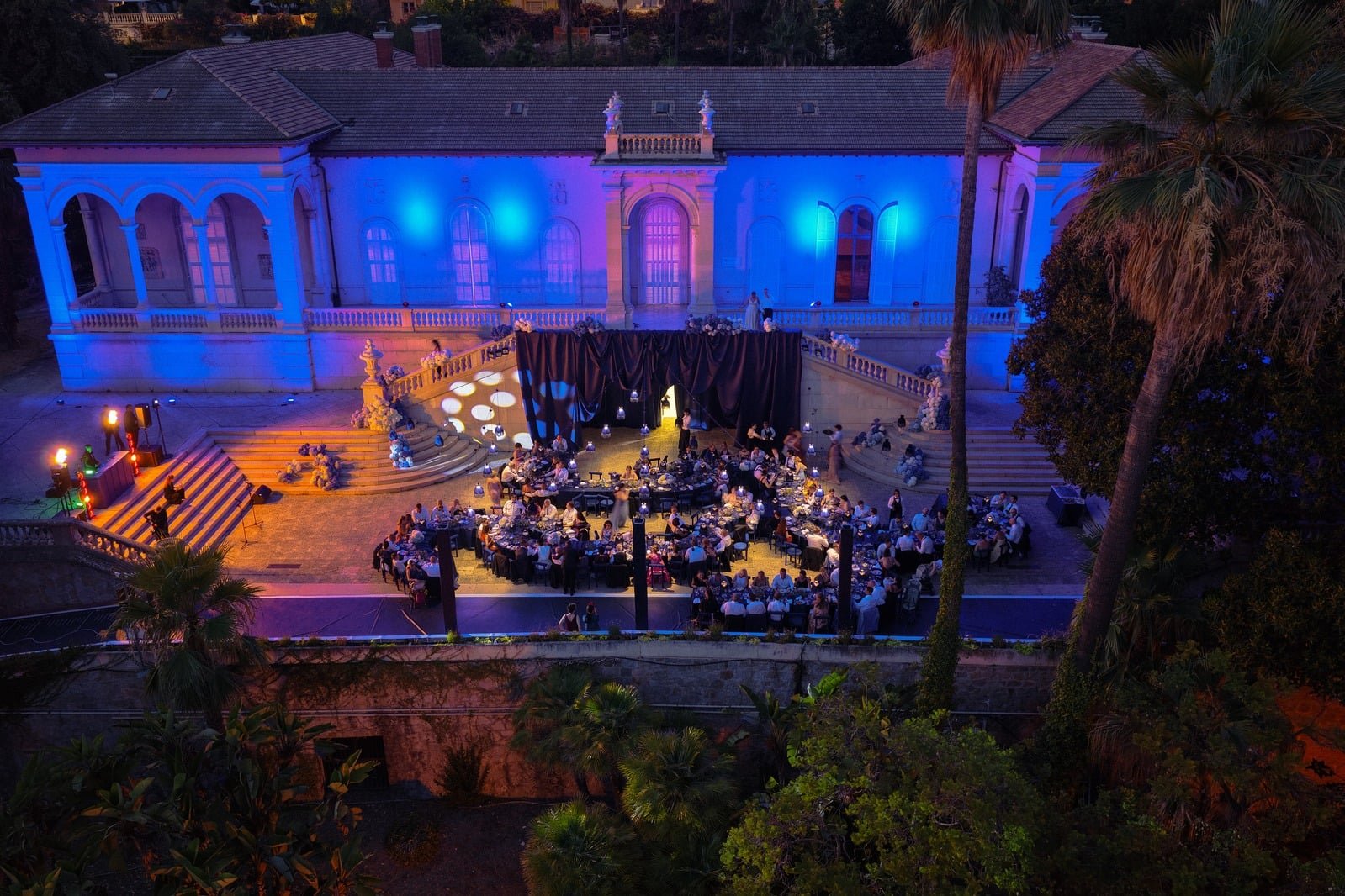 Wedding reception with blue architectural lighting